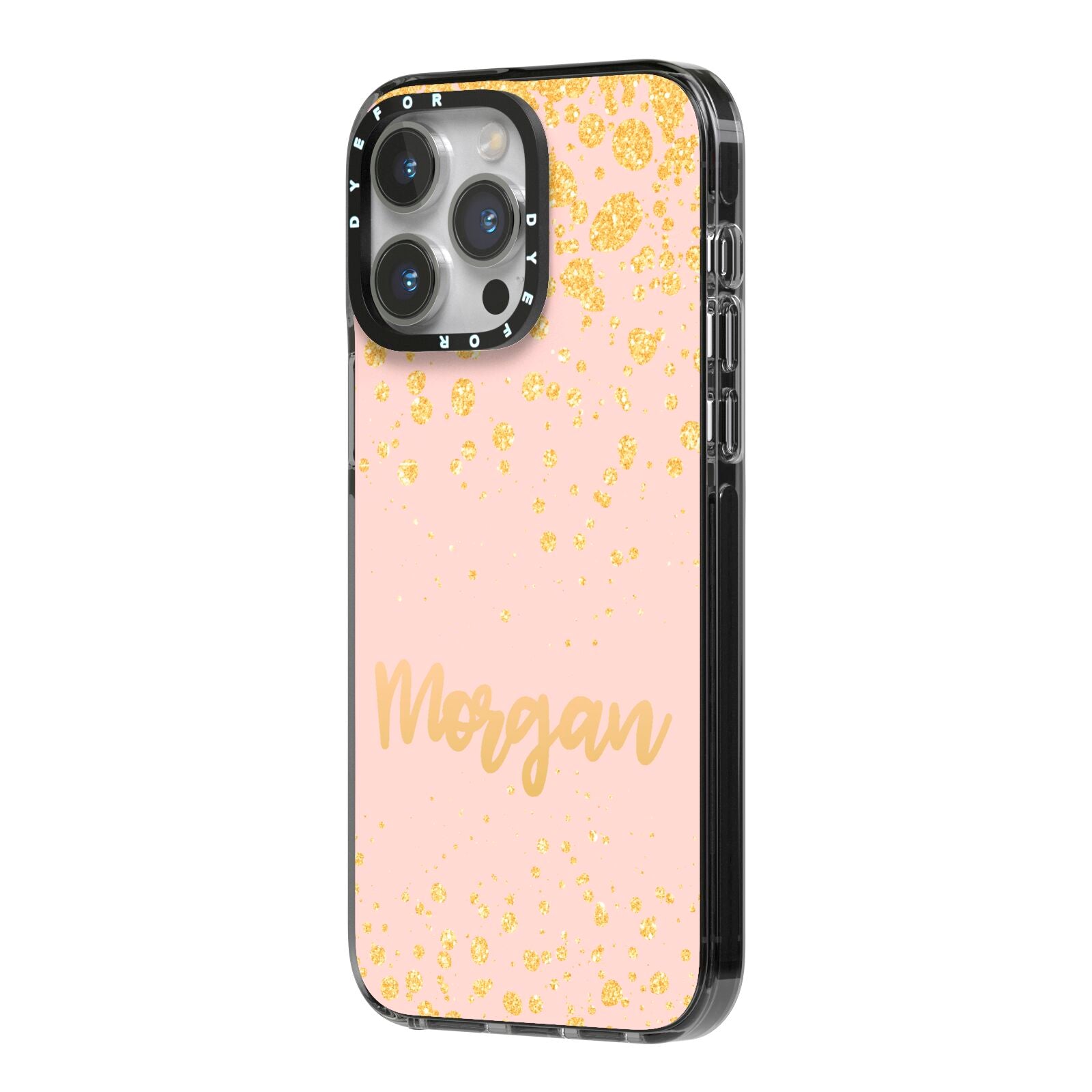 Personalised Pink Gold Splatter With Name iPhone 14 Pro Max Black Impact Case Side Angle on Silver phone