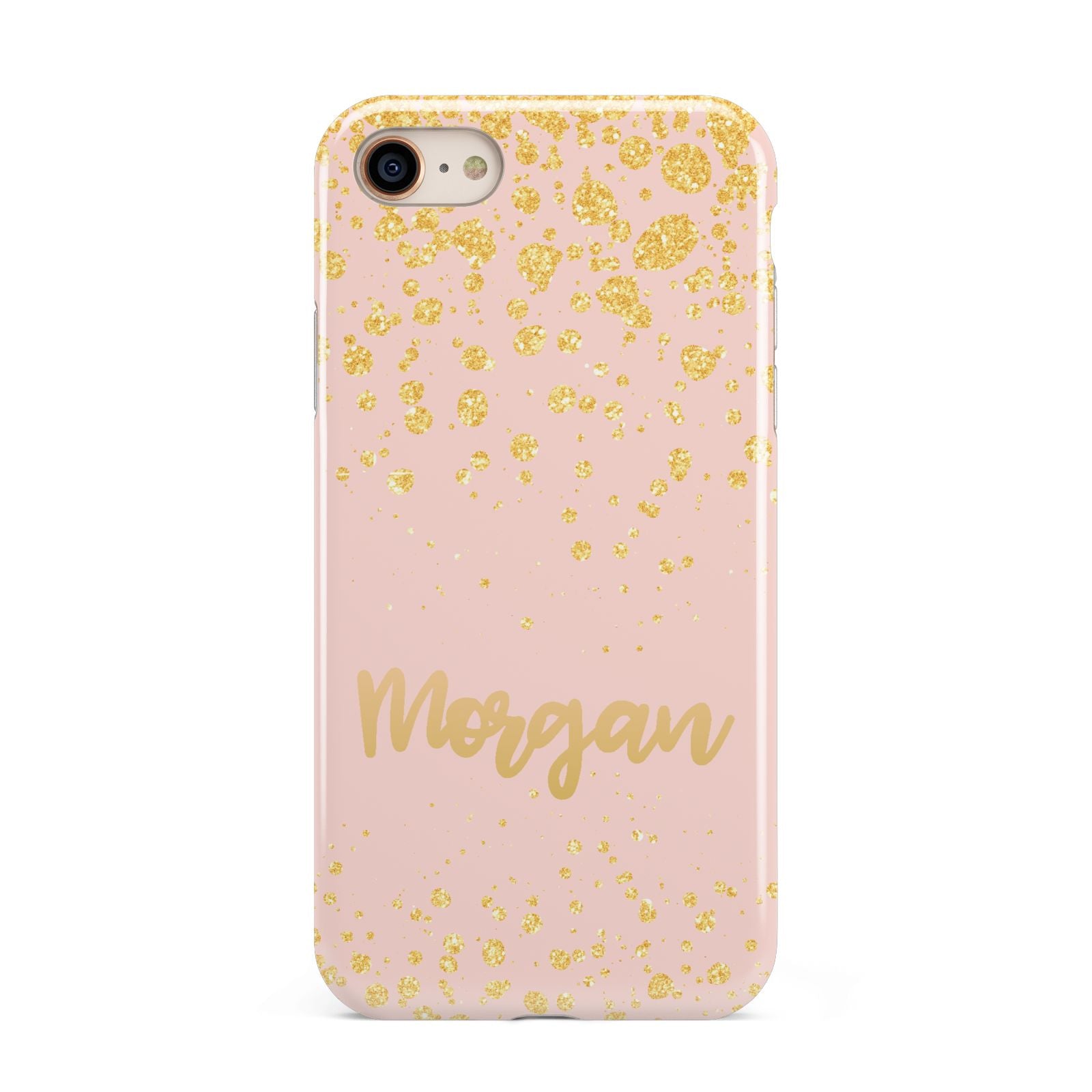 Personalised Pink Gold Splatter With Name iPhone 8 3D Tough Case on Gold Phone