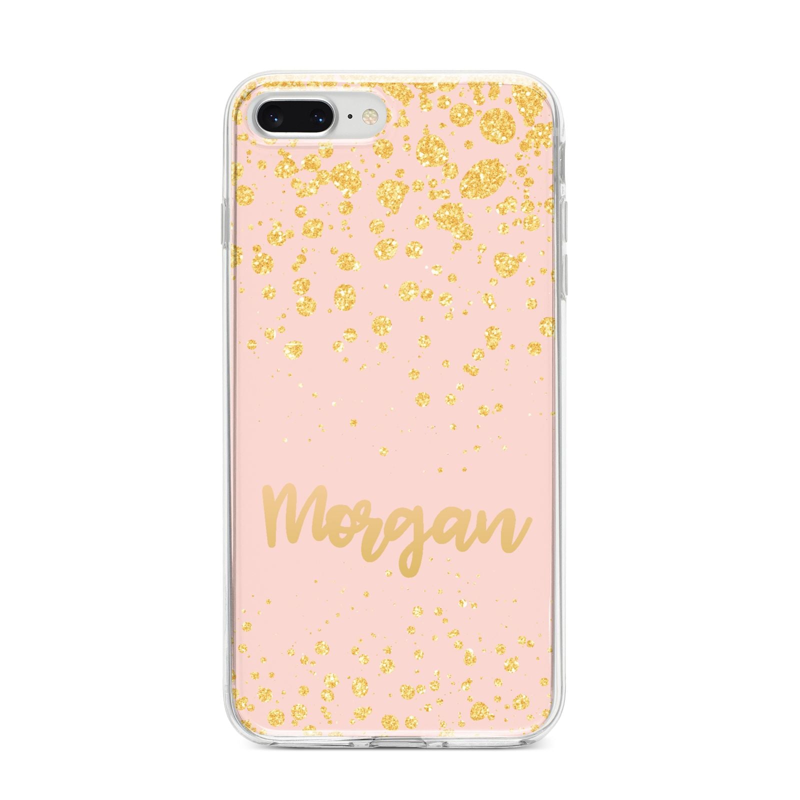 Personalised Pink Gold Splatter With Name iPhone 8 Plus Bumper Case on Silver iPhone