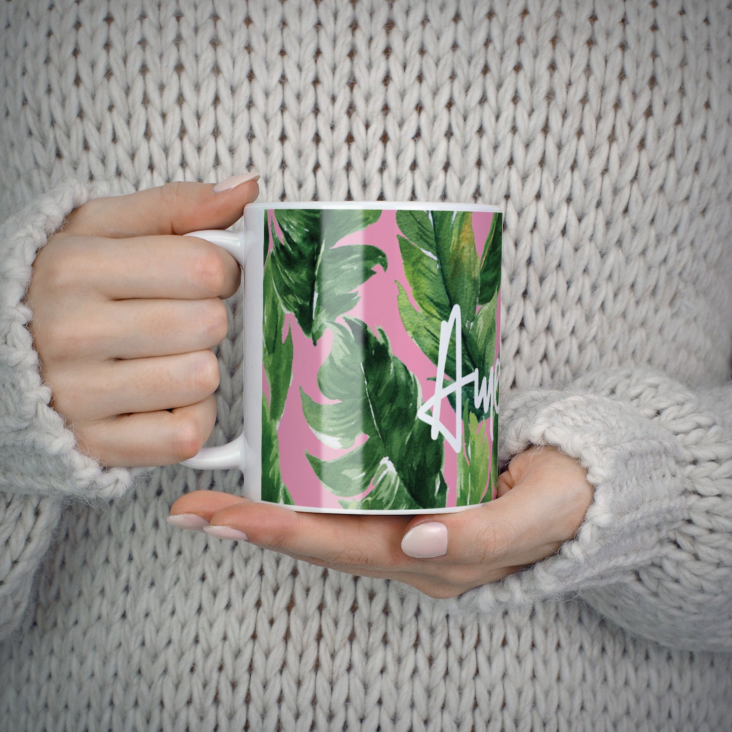 Personalised Pink Green Banana Leaf 10oz Mug Alternative Image 5