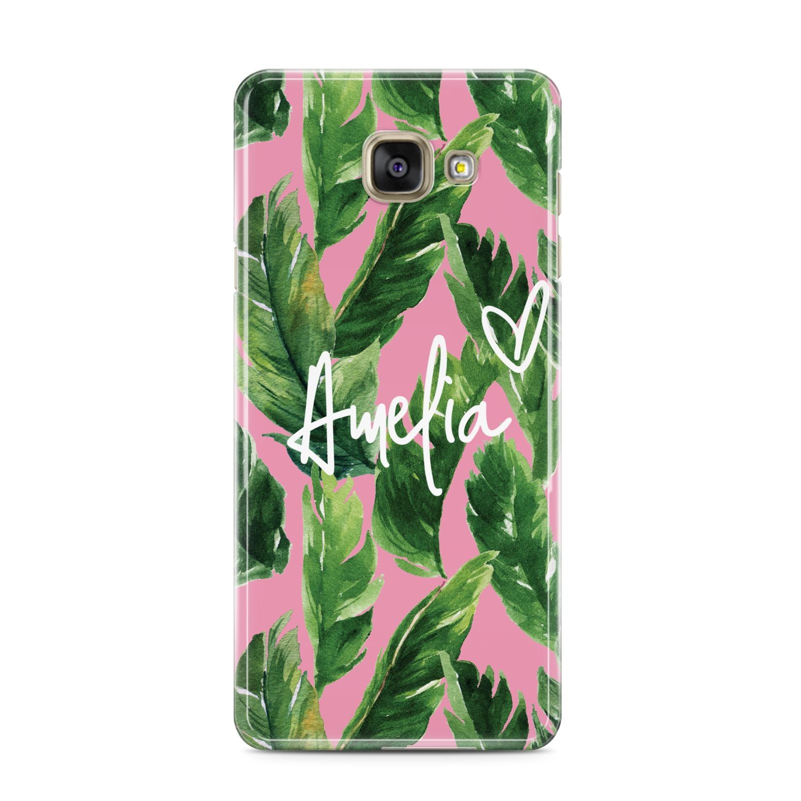 Personalised Pink Green Banana Leaf Samsung Galaxy A3 2016 Case on gold phone