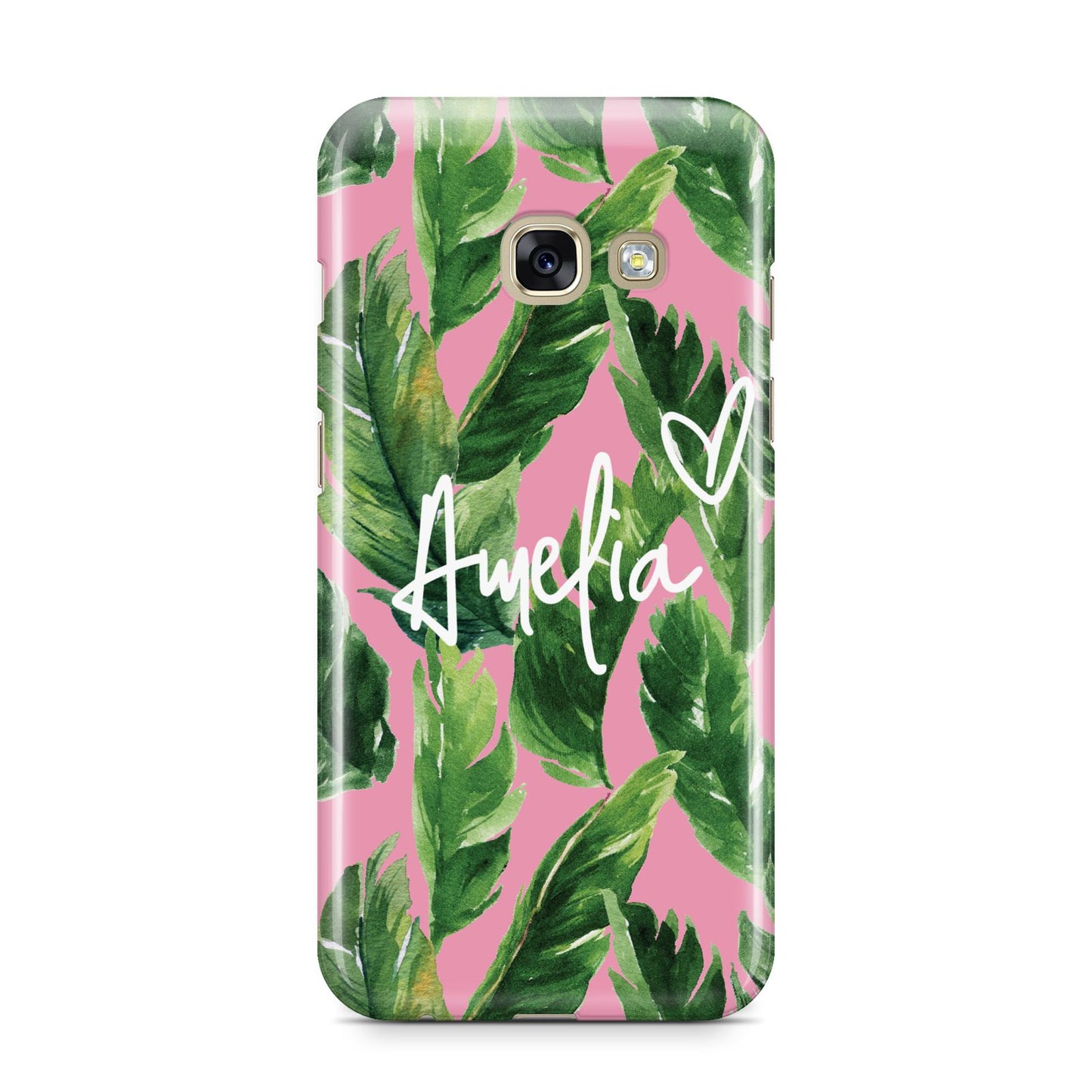Personalised Pink Green Banana Leaf Samsung Galaxy A3 2017 Case on gold phone