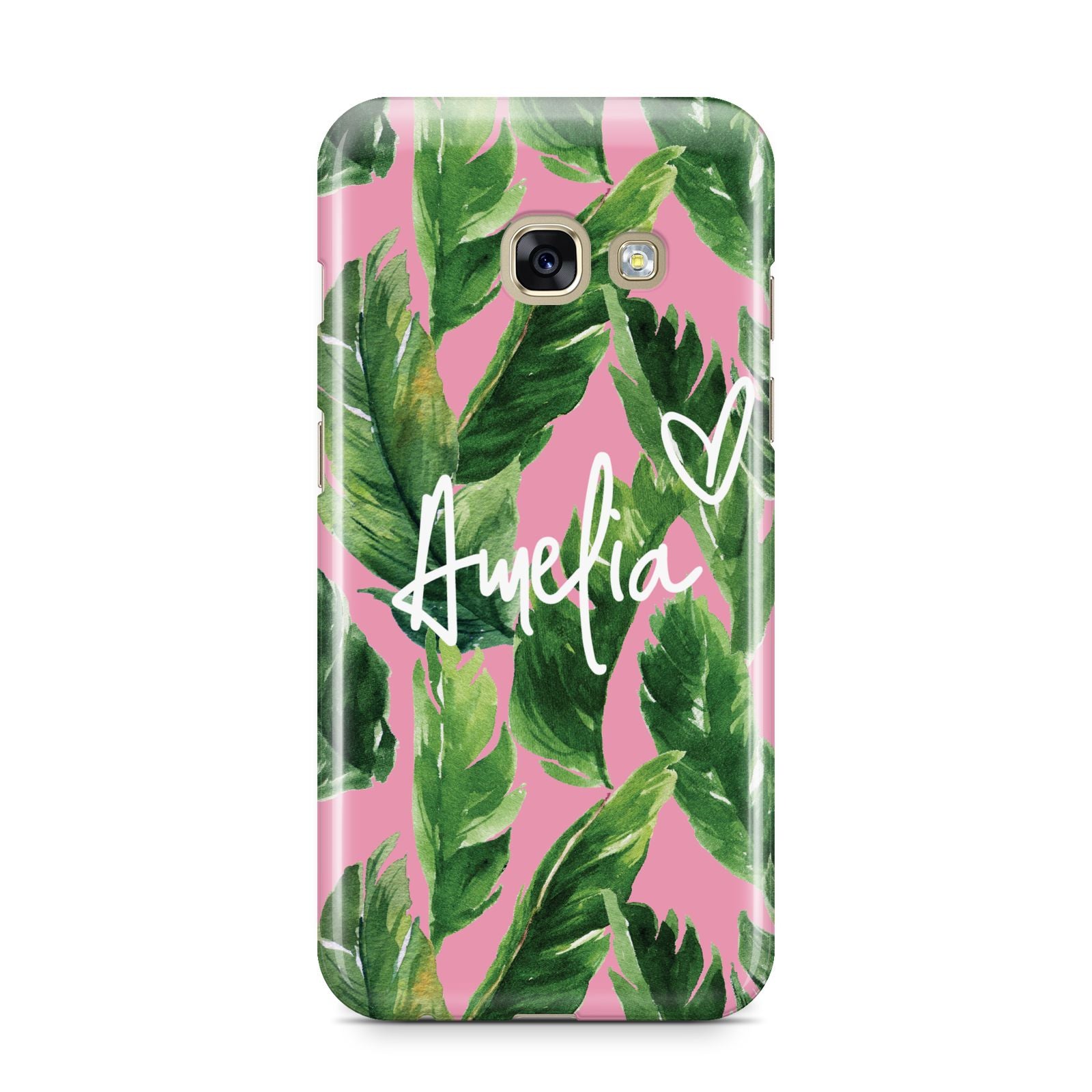 Personalised Pink Green Banana Leaf Samsung Galaxy A3 2017 Case on gold phone