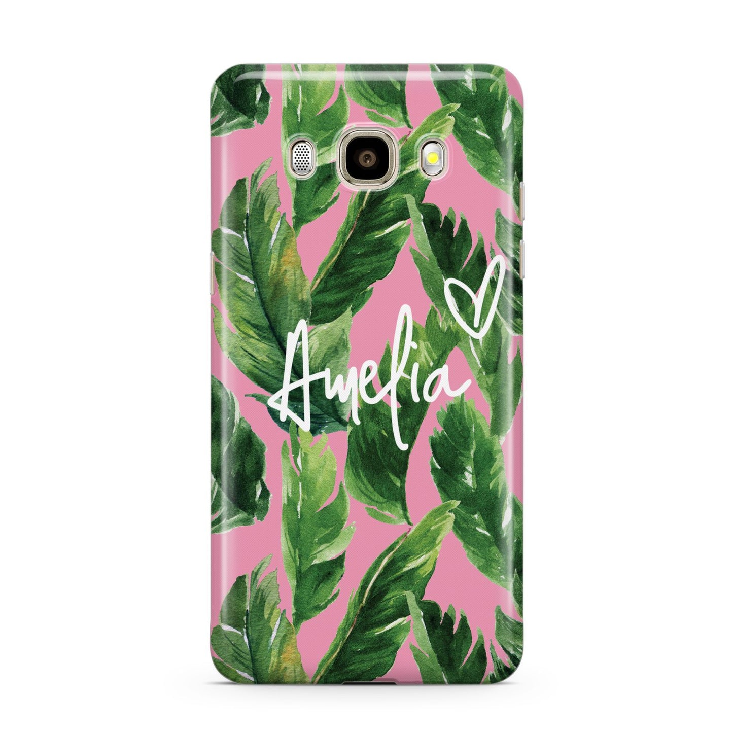 Personalised Pink Green Banana Leaf Samsung Galaxy J7 2016 Case on gold phone