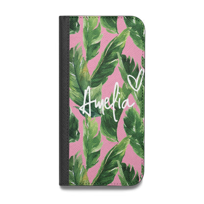 Personalised Pink Green Banana Leaf Vegan Leather Flip Samsung Case