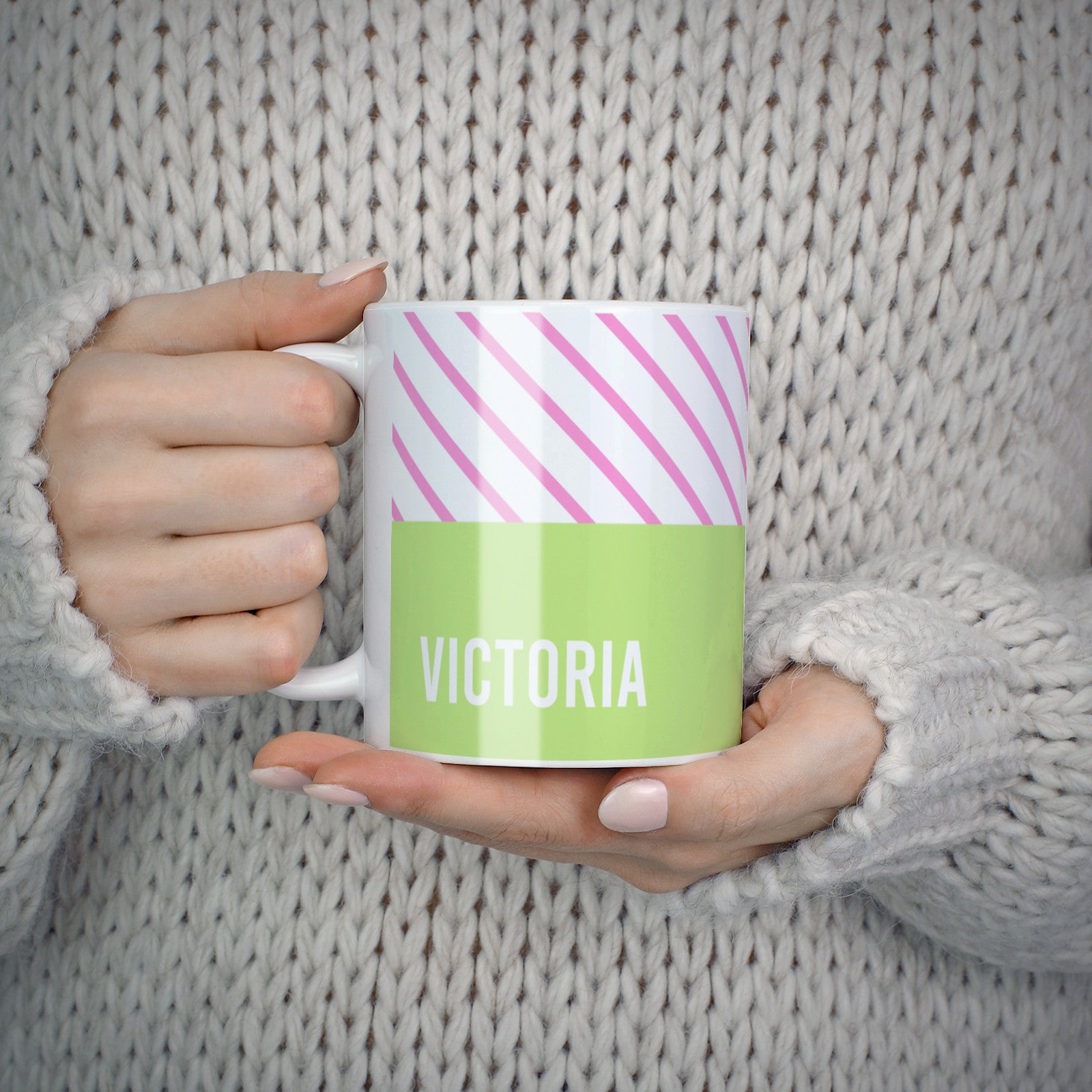 Personalised Pink Green Striped 10oz Mug Alternative Image 5