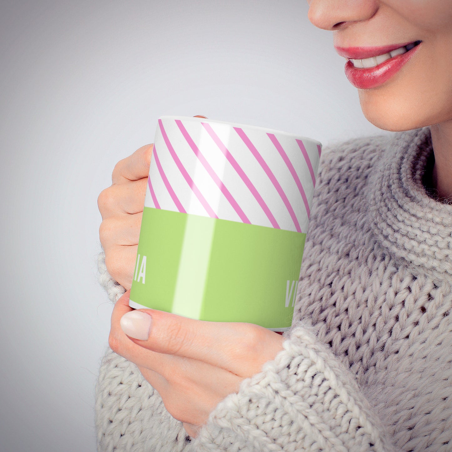 Personalised Pink Green Striped 10oz Mug Alternative Image 6