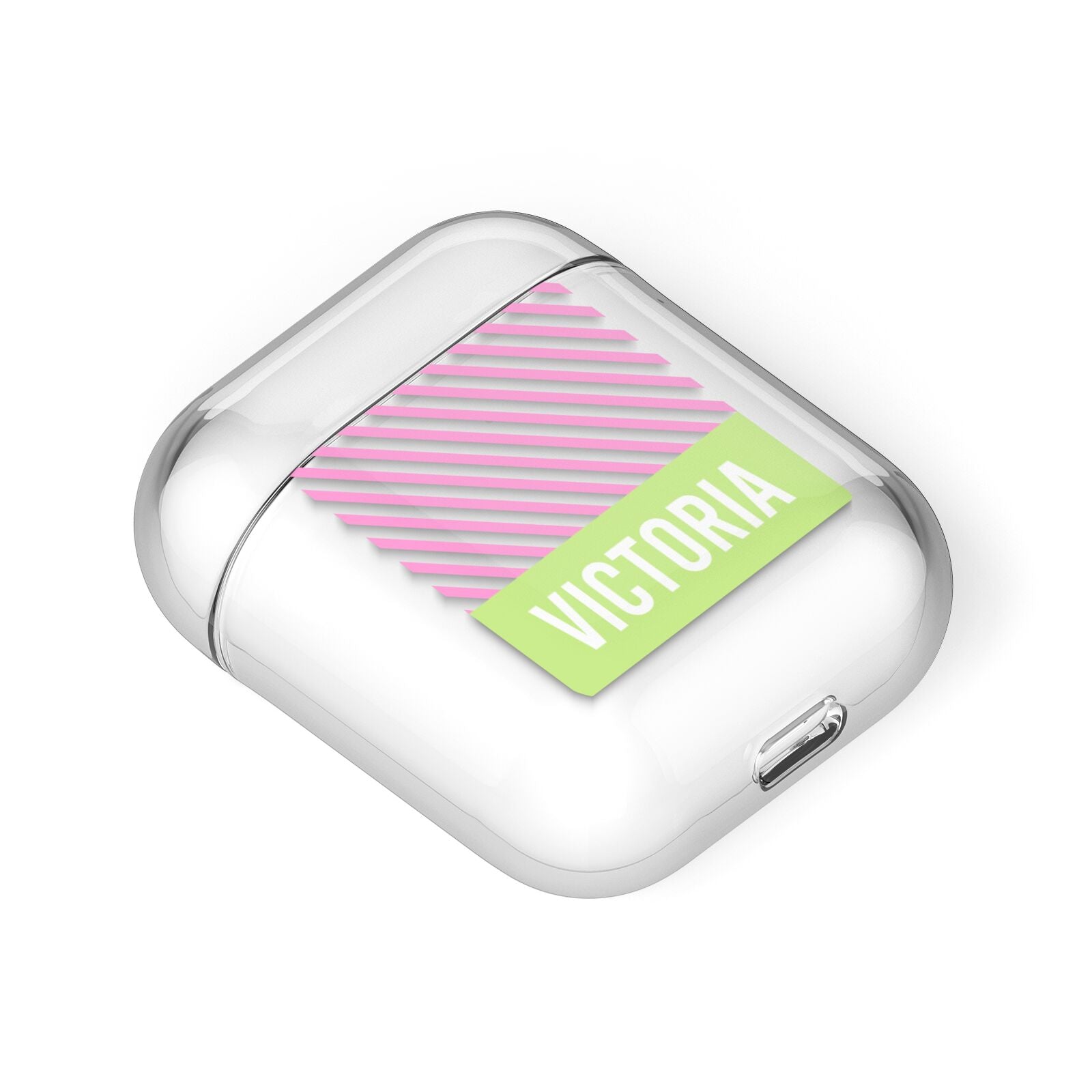 Personalised Pink Green Striped AirPods Case Laid Flat