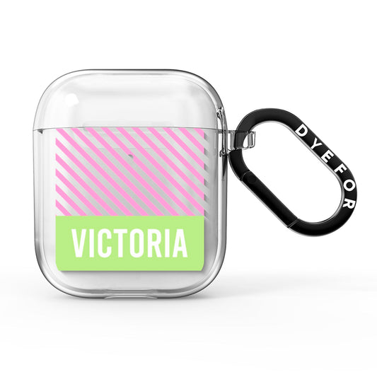 Personalised Pink Green Striped AirPods Clear Case