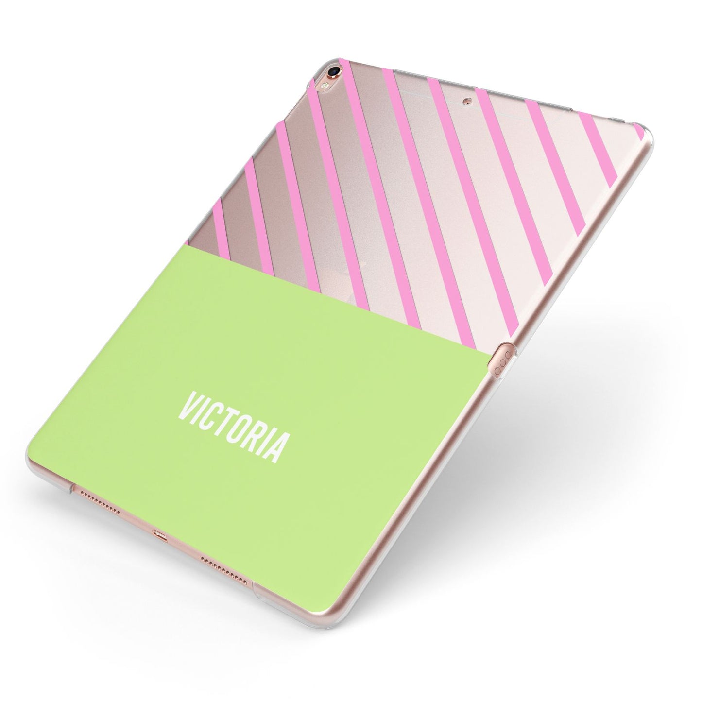 Personalised Pink Green Striped Apple iPad Case on Rose Gold iPad Side View