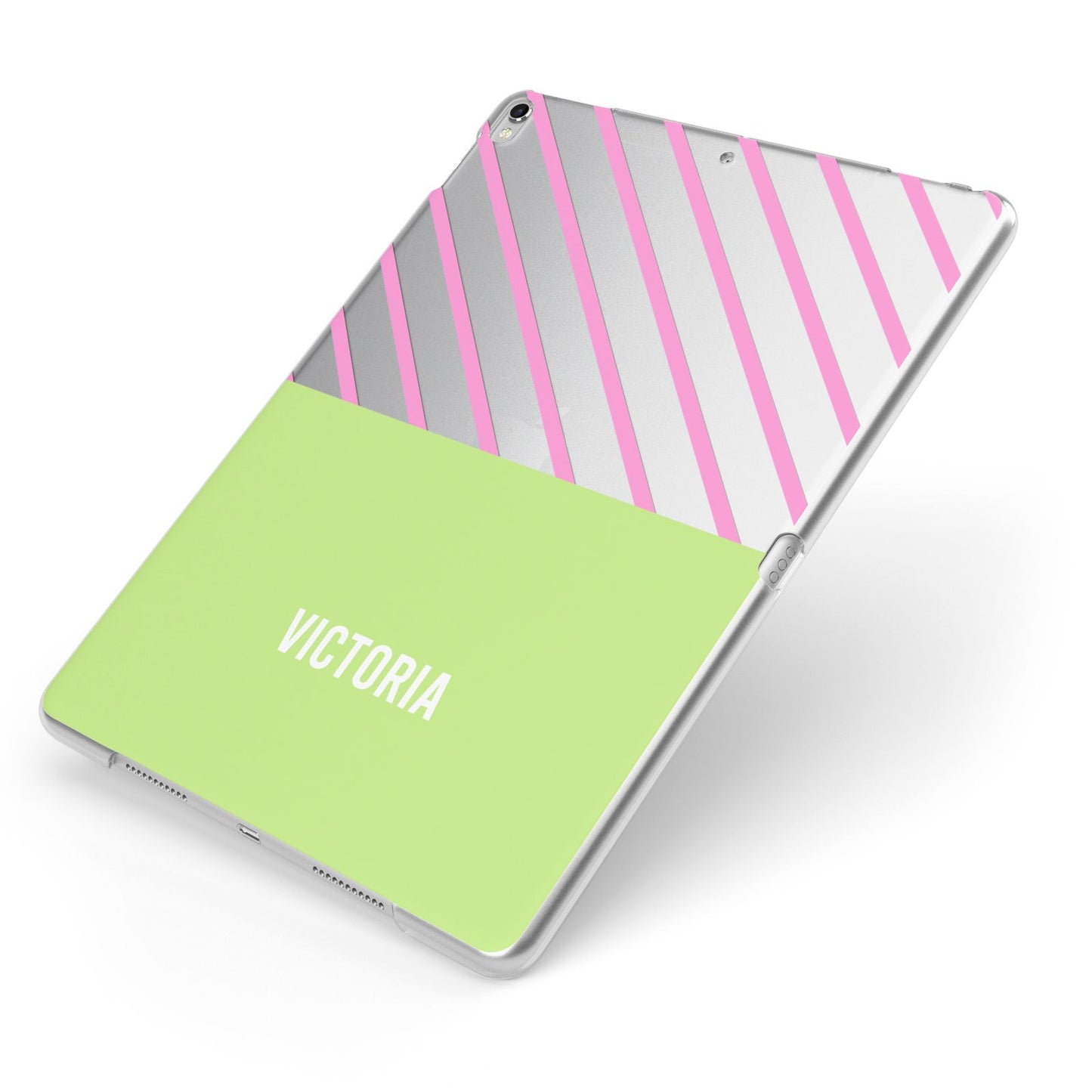 Personalised Pink Green Striped Apple iPad Case on Silver iPad Side View