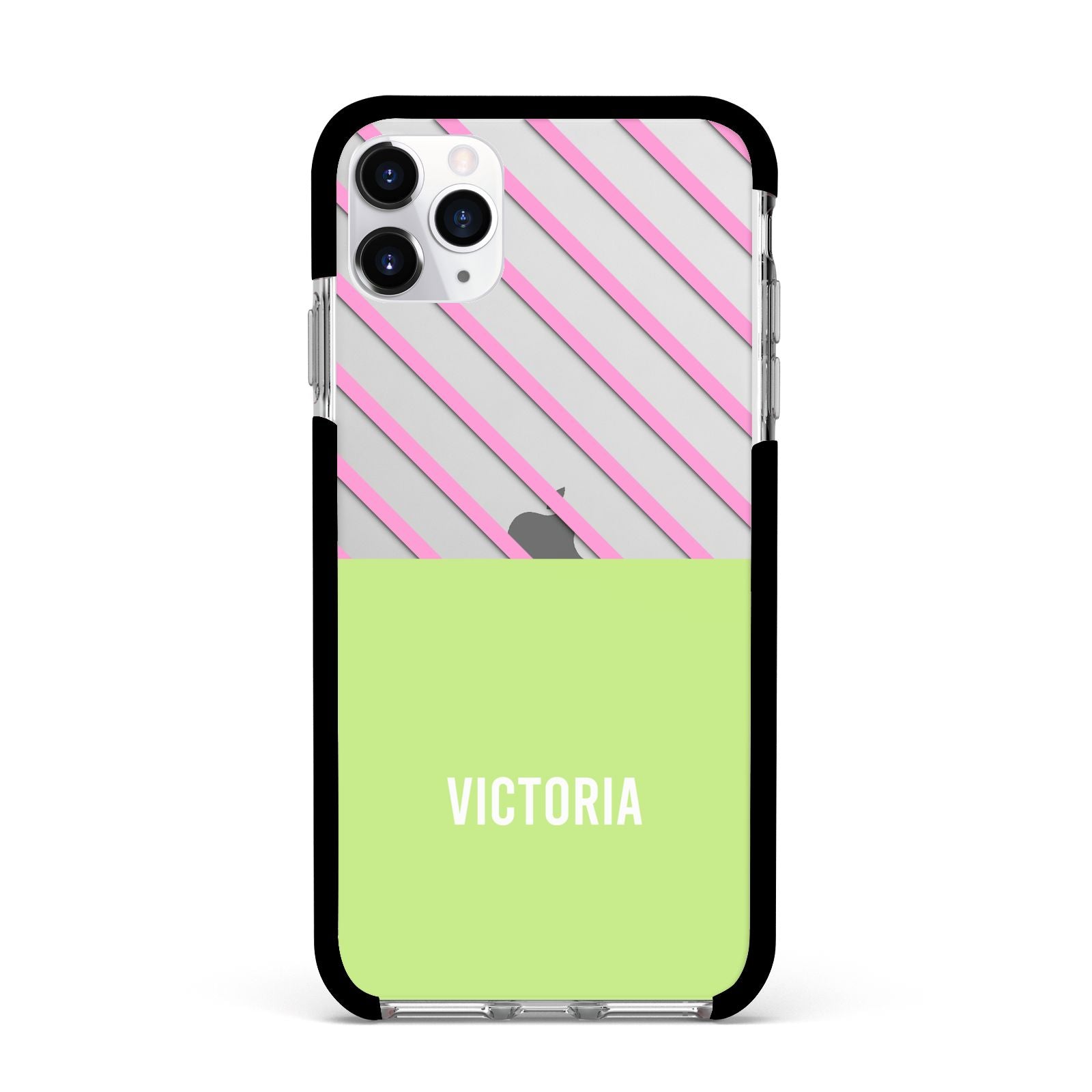 Personalised Pink Green Striped Apple iPhone 11 Pro Max in Silver with Black Impact Case