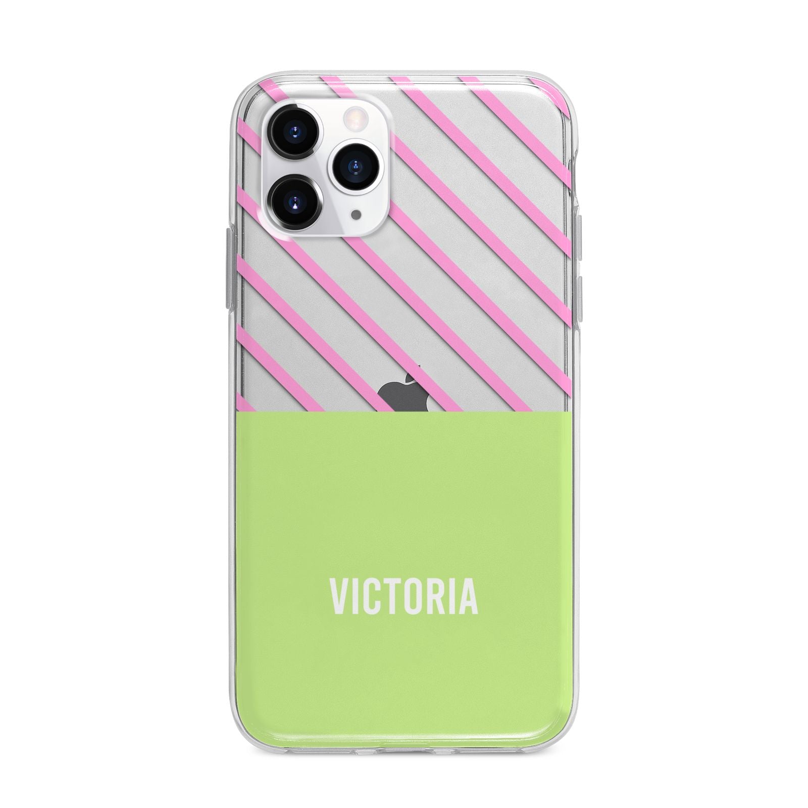 Personalised Pink Green Striped Apple iPhone 11 Pro Max in Silver with Bumper Case