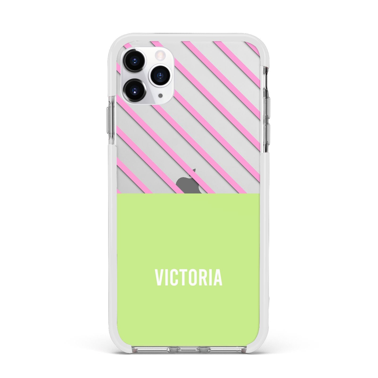 Personalised Pink Green Striped Apple iPhone 11 Pro Max in Silver with White Impact Case