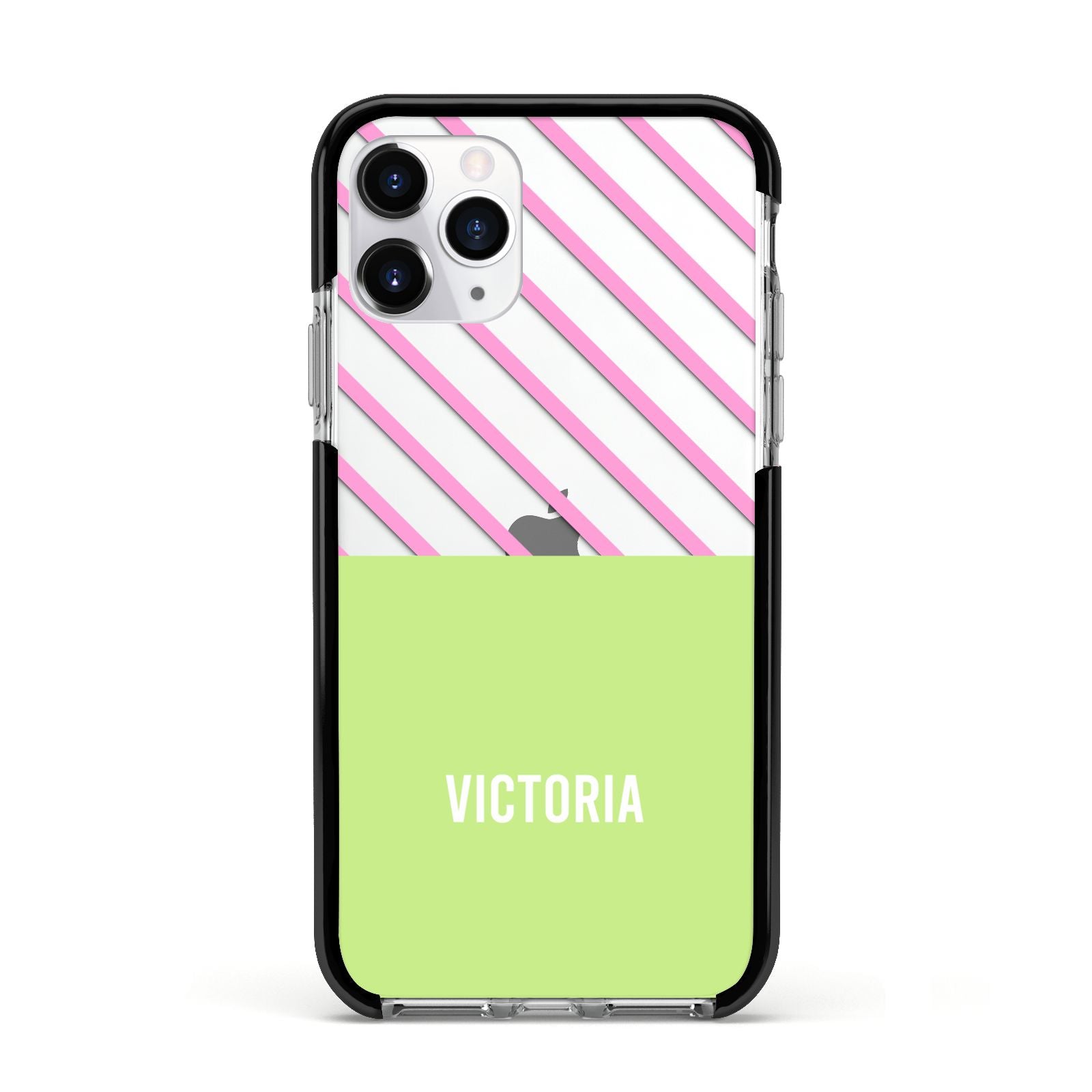 Personalised Pink Green Striped Apple iPhone 11 Pro in Silver with Black Impact Case