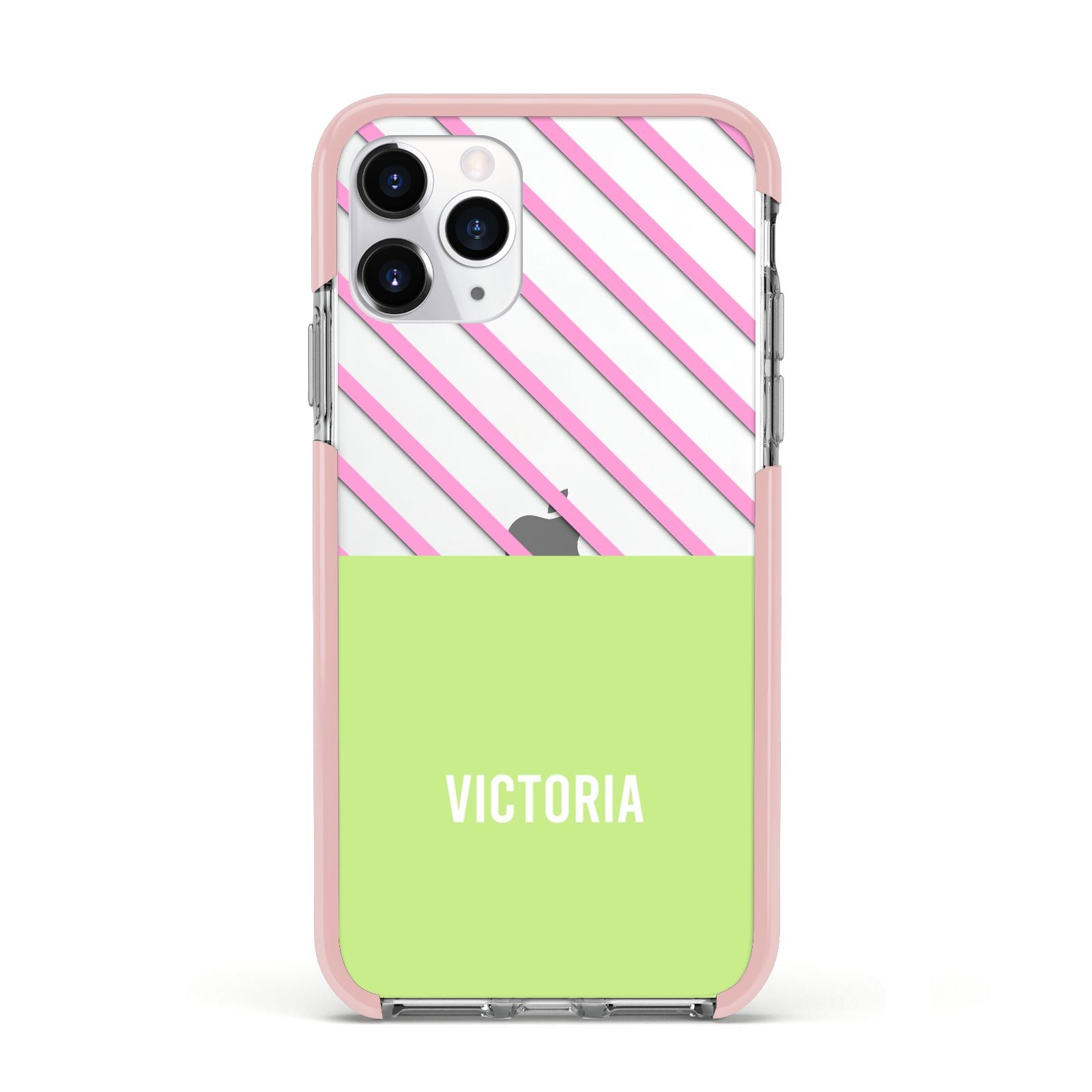 Personalised Pink Green Striped Apple iPhone 11 Pro in Silver with Pink Impact Case