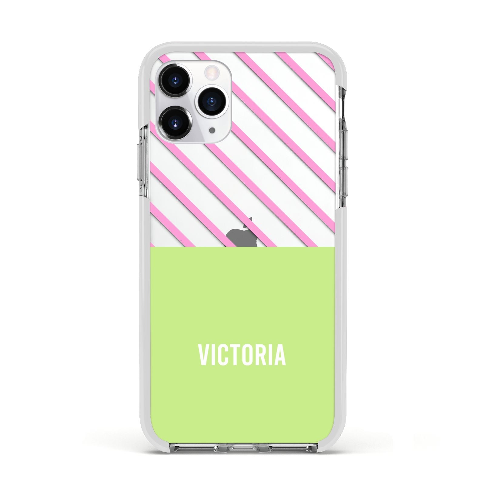 Personalised Pink Green Striped Apple iPhone 11 Pro in Silver with White Impact Case