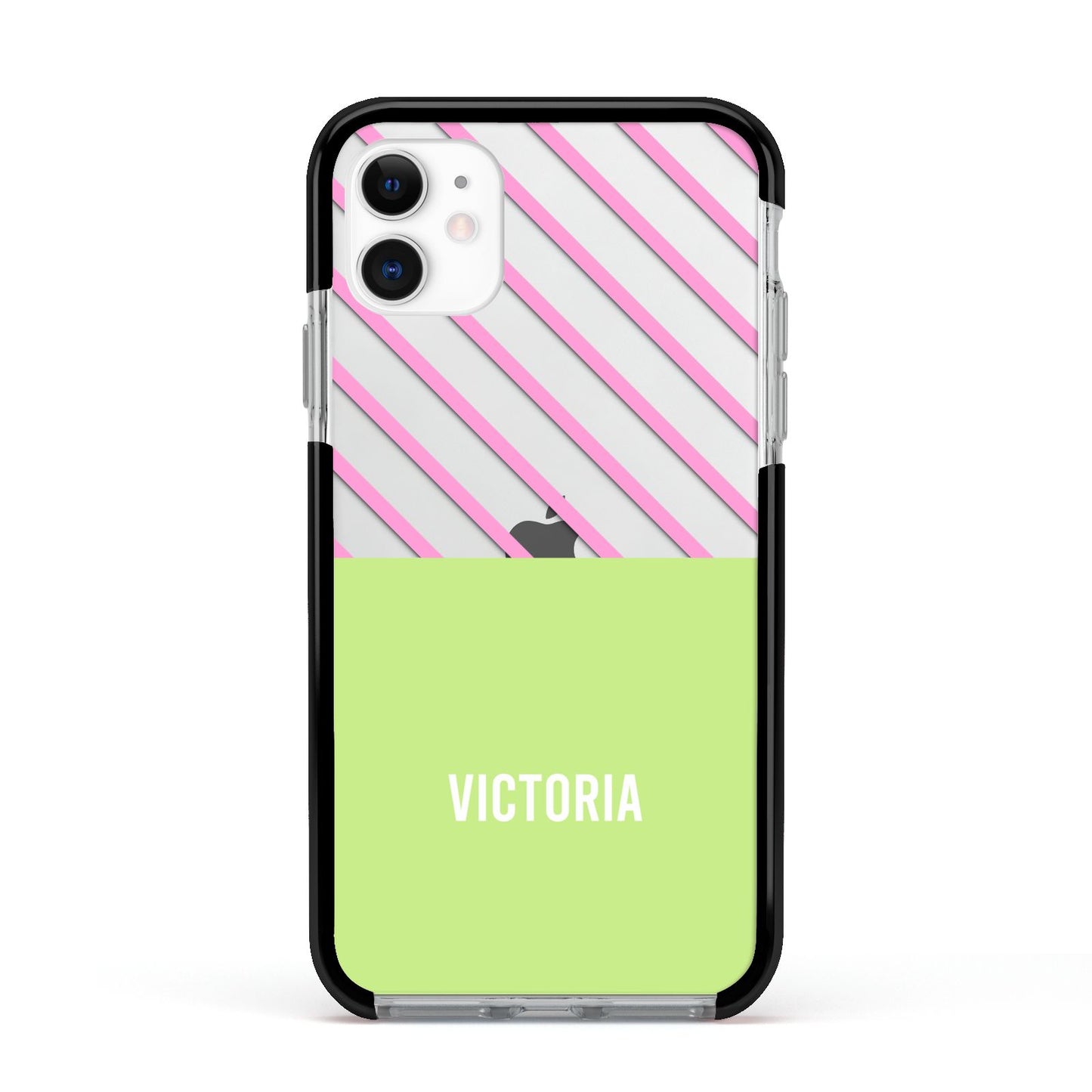 Personalised Pink Green Striped Apple iPhone 11 in White with Black Impact Case