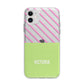 Personalised Pink Green Striped Apple iPhone 11 in White with Bumper Case