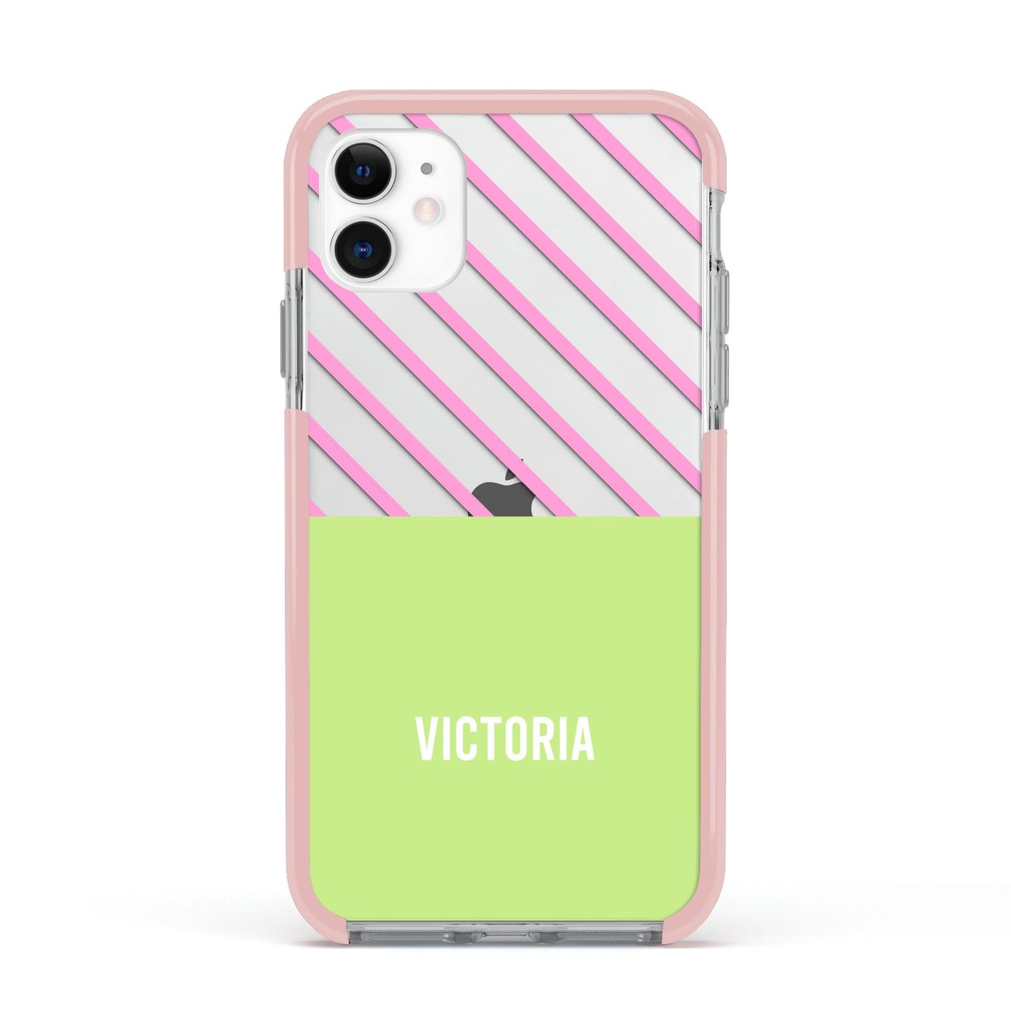 Personalised Pink Green Striped Apple iPhone 11 in White with Pink Impact Case