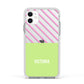 Personalised Pink Green Striped Apple iPhone 11 in White with White Impact Case