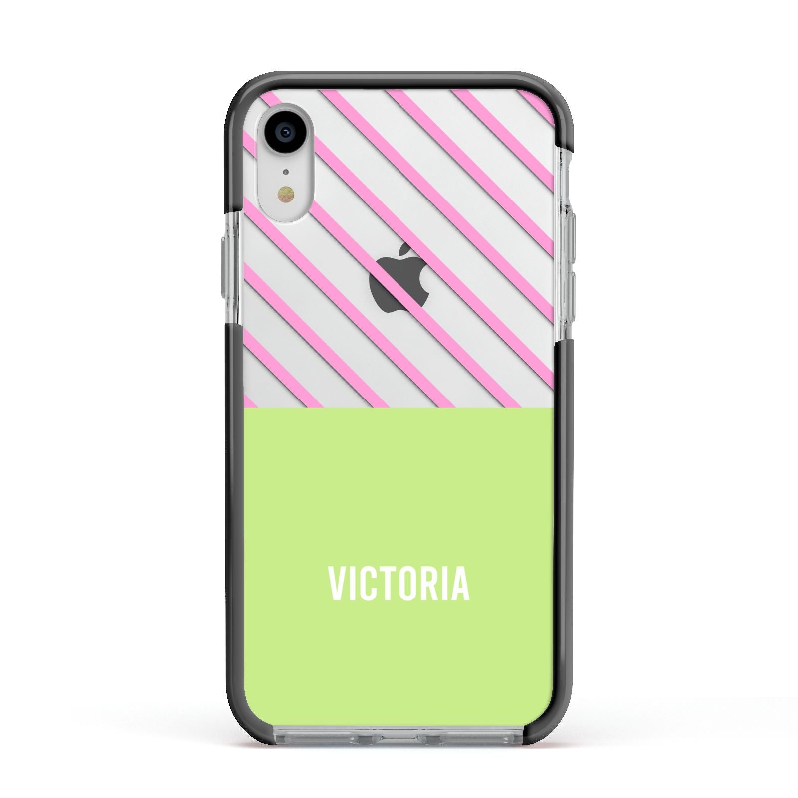 Personalised Pink Green Striped Apple iPhone XR Impact Case Black Edge on Silver Phone