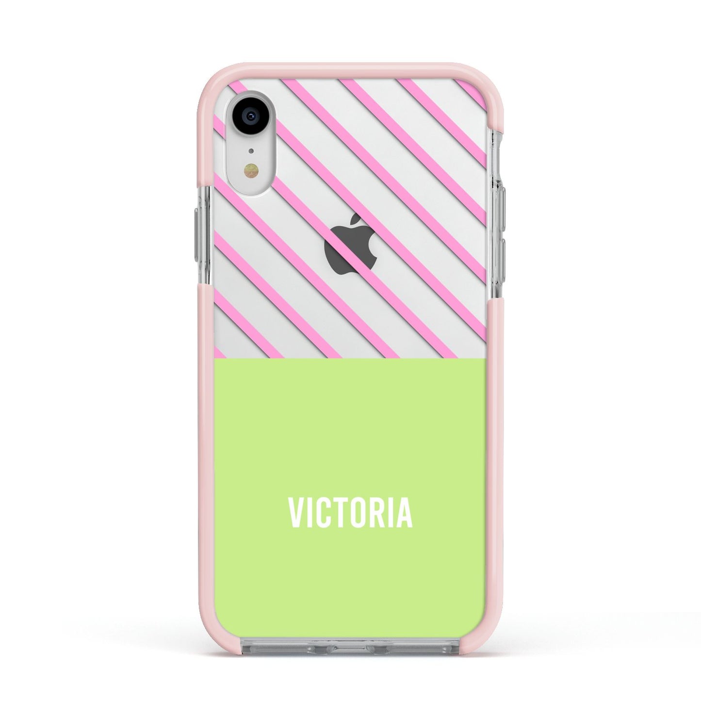 Personalised Pink Green Striped Apple iPhone XR Impact Case Pink Edge on Silver Phone