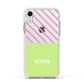 Personalised Pink Green Striped Apple iPhone XR Impact Case White Edge on Silver Phone