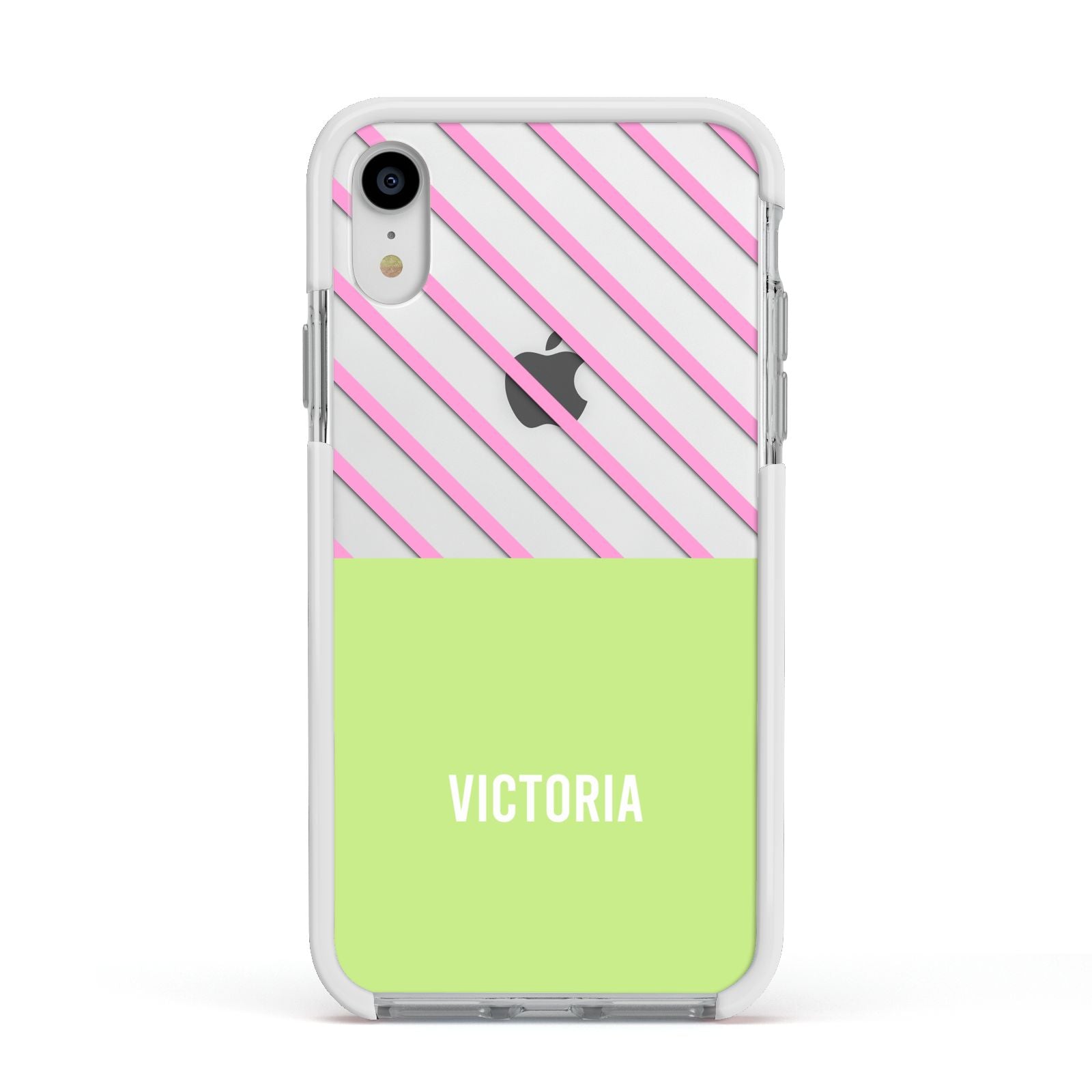 Personalised Pink Green Striped Apple iPhone XR Impact Case White Edge on Silver Phone