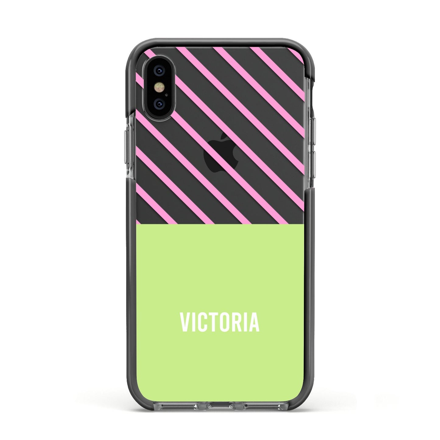 Personalised Pink Green Striped Apple iPhone Xs Impact Case Black Edge on Black Phone
