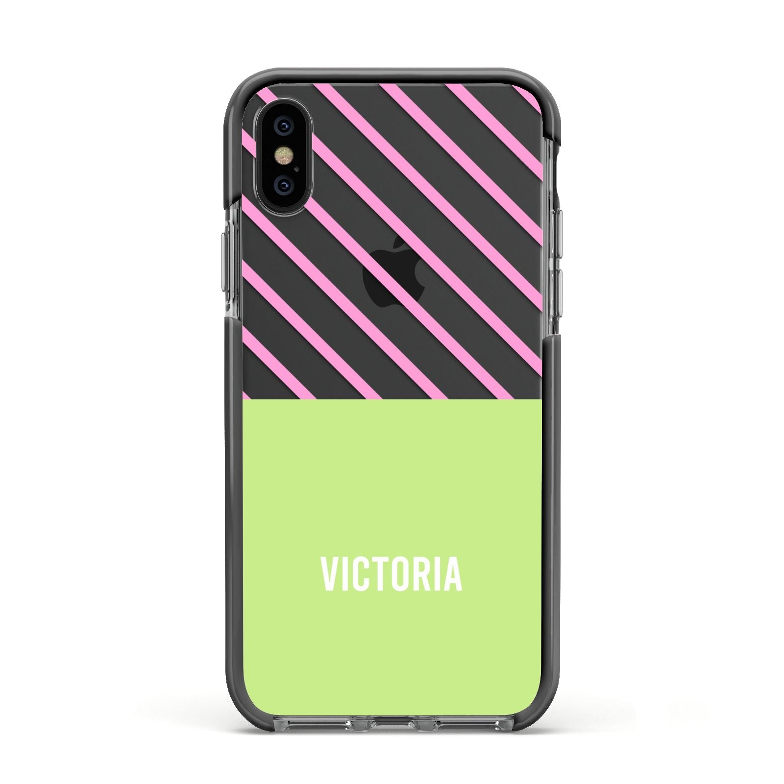Personalised Pink Green Striped Apple iPhone Xs Impact Case Black Edge on Black Phone