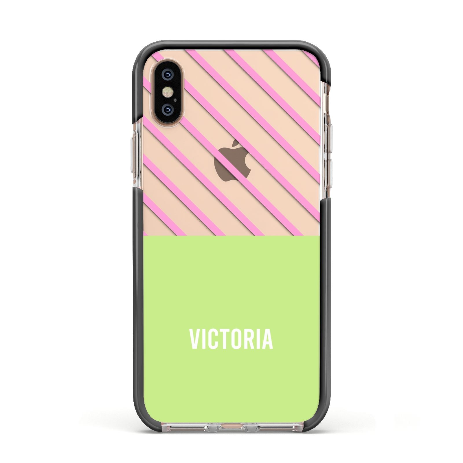 Personalised Pink Green Striped Apple iPhone Xs Impact Case Black Edge on Gold Phone