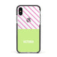 Personalised Pink Green Striped Apple iPhone Xs Impact Case Black Edge on Silver Phone
