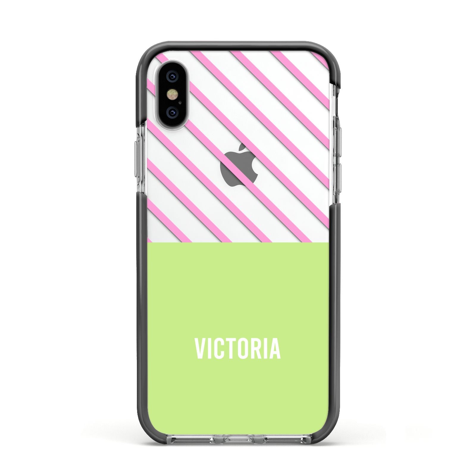 Personalised Pink Green Striped Apple iPhone Xs Impact Case Black Edge on Silver Phone
