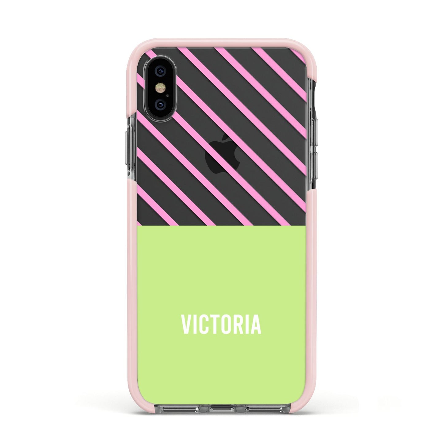 Personalised Pink Green Striped Apple iPhone Xs Impact Case Pink Edge on Black Phone
