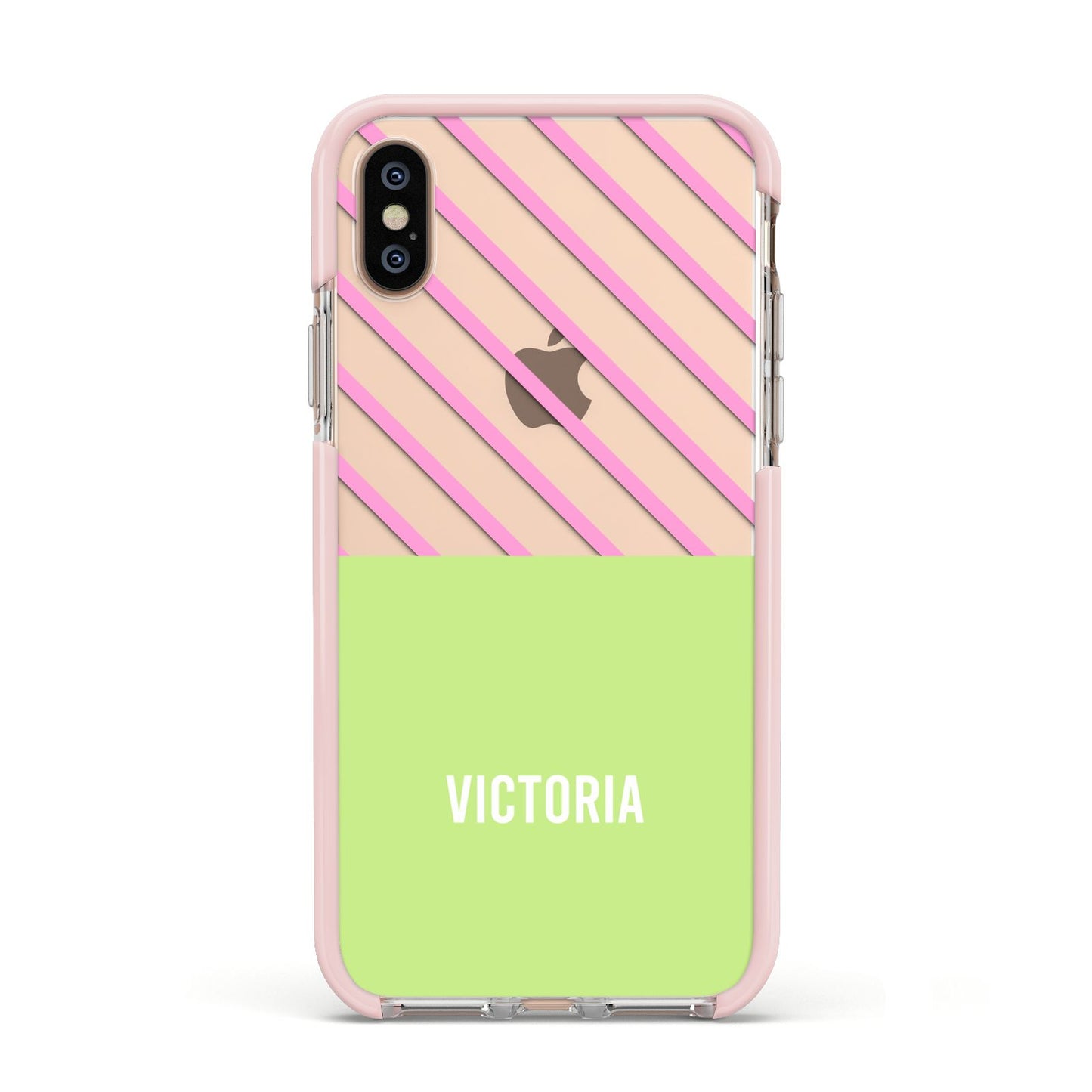 Personalised Pink Green Striped Apple iPhone Xs Impact Case Pink Edge on Gold Phone
