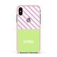 Personalised Pink Green Striped Apple iPhone Xs Impact Case Pink Edge on Silver Phone