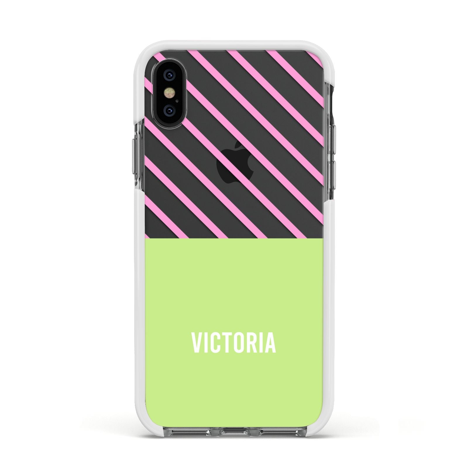 Personalised Pink Green Striped Apple iPhone Xs Impact Case White Edge on Black Phone