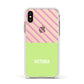 Personalised Pink Green Striped Apple iPhone Xs Impact Case White Edge on Gold Phone