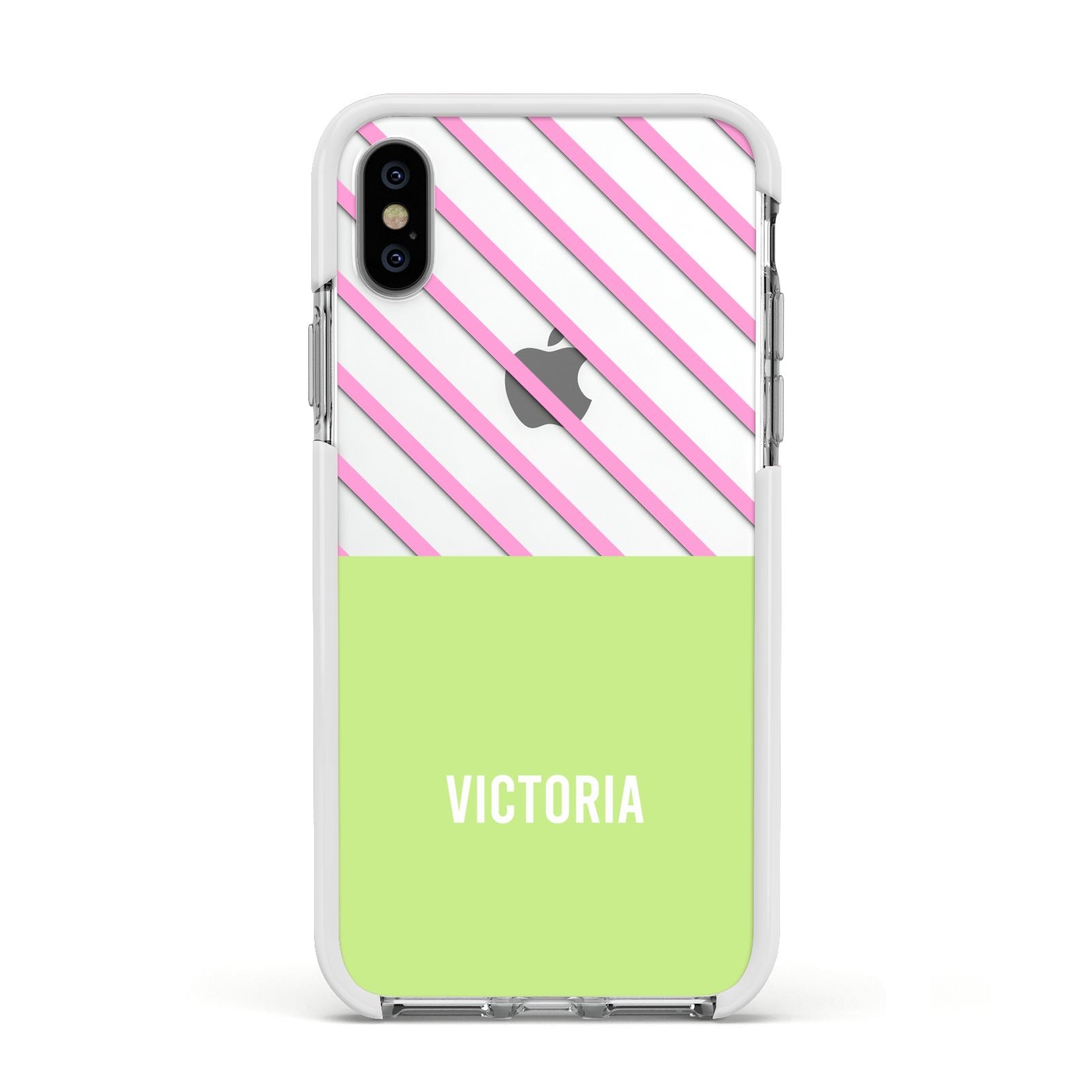 Personalised Pink Green Striped Apple iPhone Xs Impact Case White Edge on Silver Phone