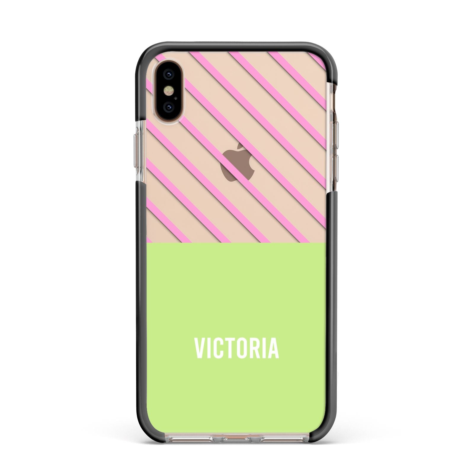 Personalised Pink Green Striped Apple iPhone Xs Max Impact Case Black Edge on Gold Phone