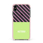 Personalised Pink Green Striped Apple iPhone Xs Max Impact Case Pink Edge on Black Phone