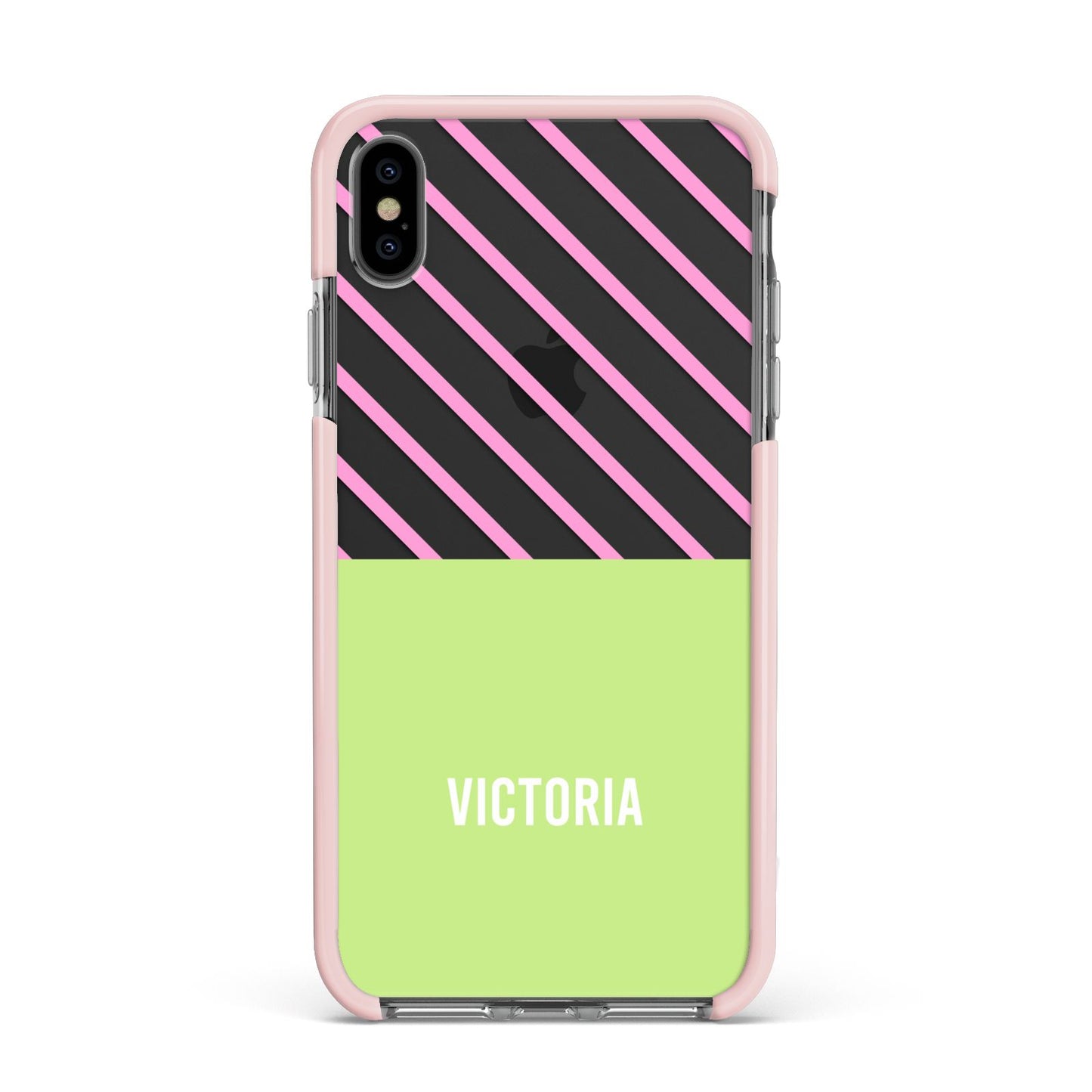 Personalised Pink Green Striped Apple iPhone Xs Max Impact Case Pink Edge on Black Phone