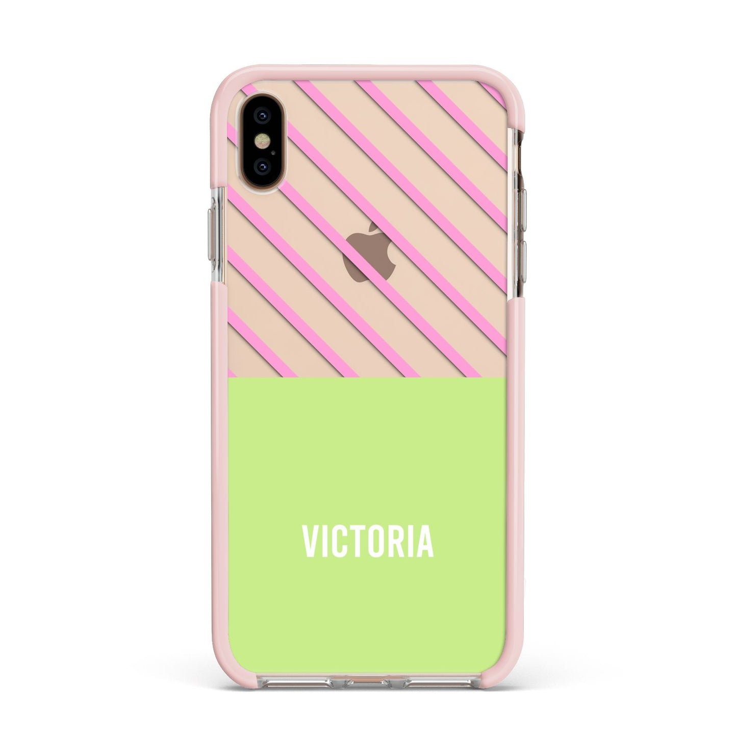 Personalised Pink Green Striped Apple iPhone Xs Max Impact Case Pink Edge on Gold Phone