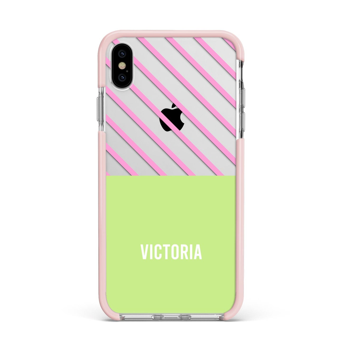 Personalised Pink Green Striped Apple iPhone Xs Max Impact Case Pink Edge on Silver Phone