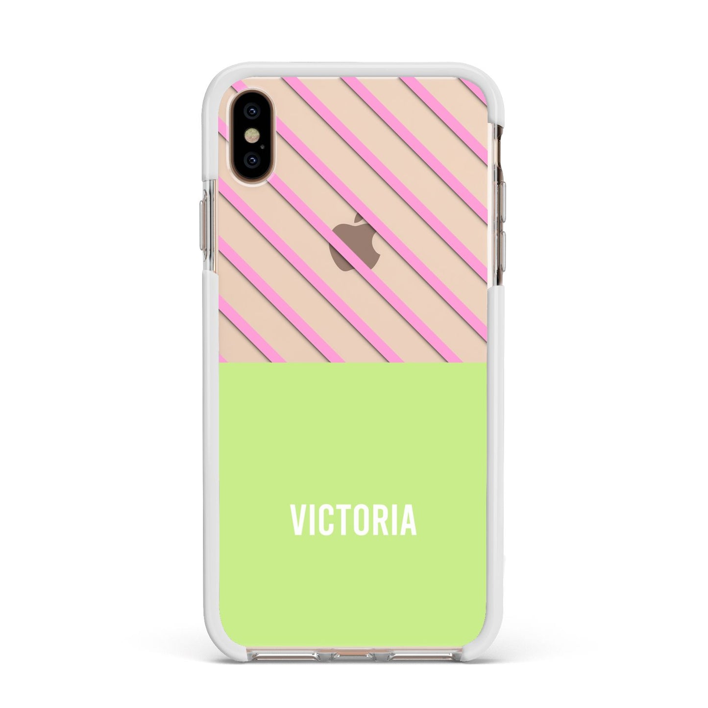 Personalised Pink Green Striped Apple iPhone Xs Max Impact Case White Edge on Gold Phone