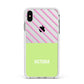 Personalised Pink Green Striped Apple iPhone Xs Max Impact Case White Edge on Silver Phone