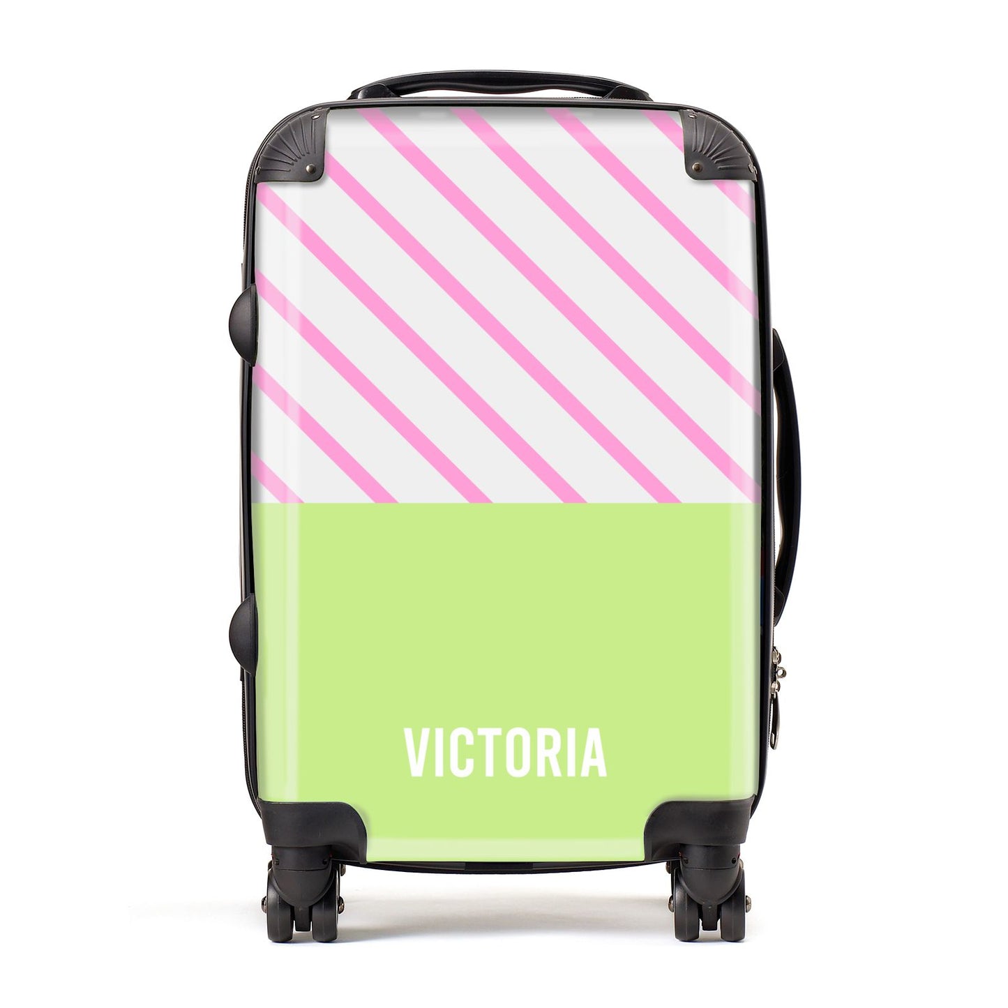Personalised Pink Green Striped Suitcase