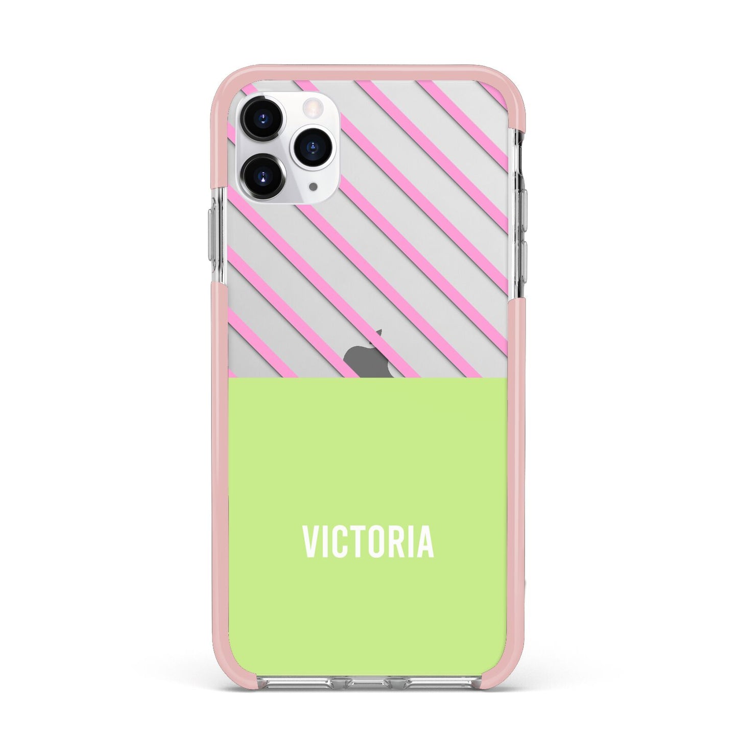 Personalised Pink Green Striped iPhone 11 Pro Max Impact Pink Edge Case