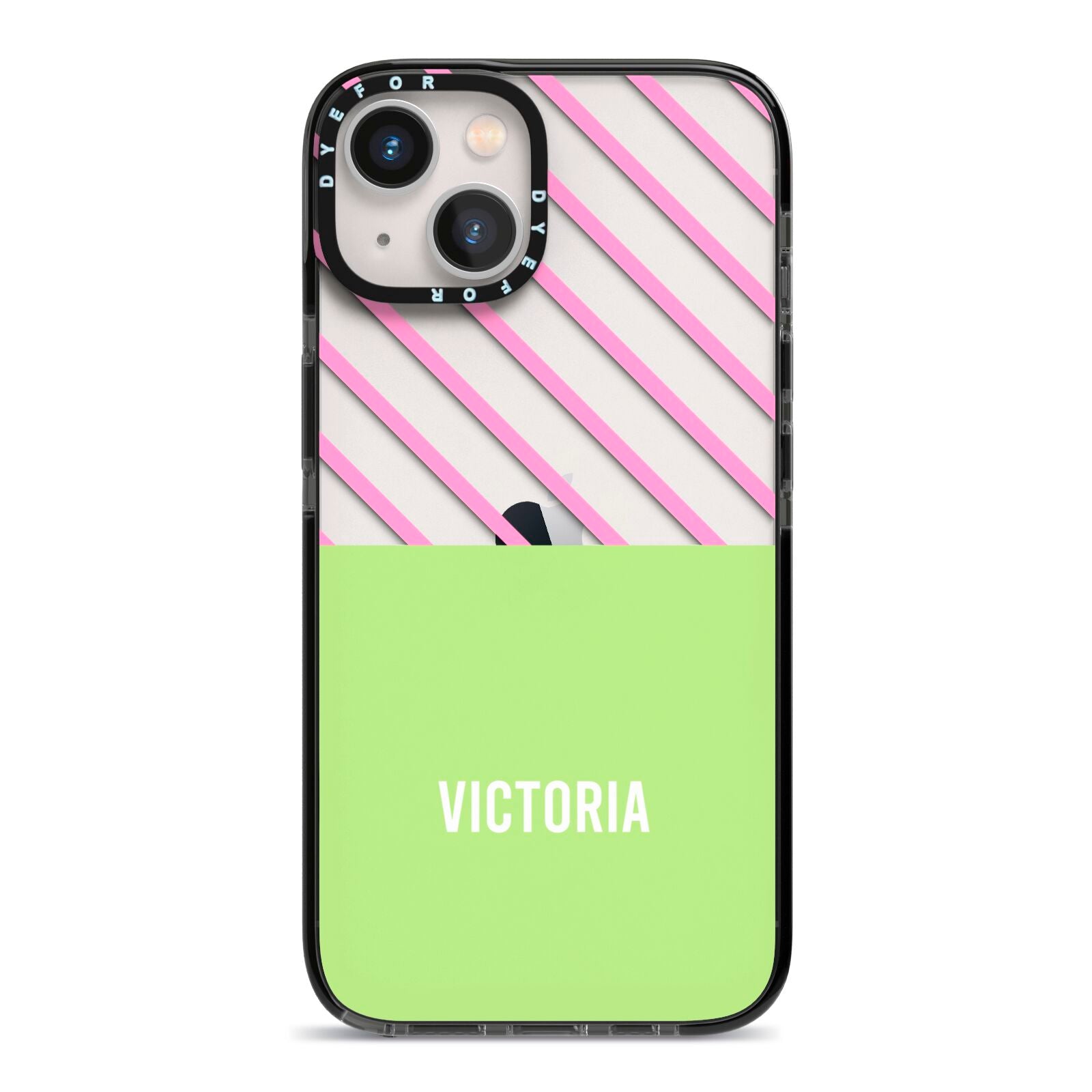 Personalised Pink Green Striped iPhone 13 Black Impact Case on Silver phone